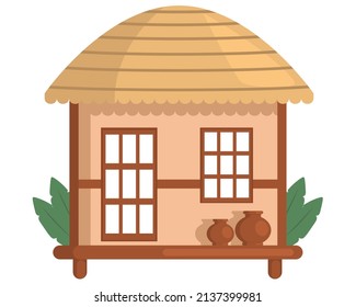 Country hut, house of stones and clay with thatched roof isolated rural building. Cute small poor aged round travel real rest reed cover roof barn. Retro rustic farm hutch dwell villa wood door