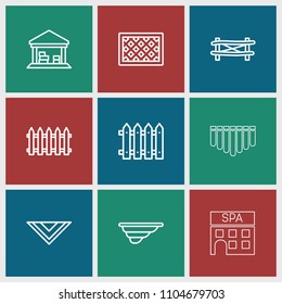 Country icon. collection of 9 country outline icons such as fence, cravat, cargo barn, spa building. editable country icons for web and mobile.