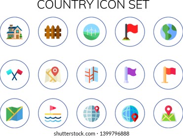 country icon set. 15 flat country icons.  Simple modern icons about  - villa, flag, fence, map, windmills, world, world map