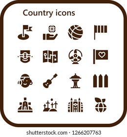  country icon set. 16 filled country icons. Simple modern icons about  - Flag, Globe, Earth globe, Leipzig, Map, Windmill, Portuguese, Acoustic guitar, Space needle, Fence, Monaco