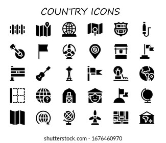 Country Icon Set. 30 Filled Country Icons.  Simple Modern Icons Such As: Fence, Map, Globe, Barcelona, Jack, Banjo, Flag, Windmill, Water Well, India, Acoustic Guitar, Space Needle