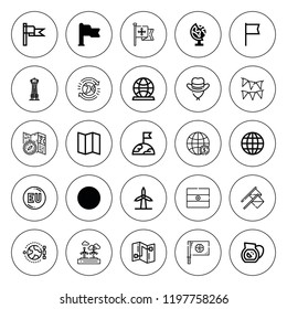 Country icon set. collection of 25 outline country icons with cowboy hat, earth globe, eu, earth, fence, globe, flag, map, flags, india, sangria icons. editable icons.