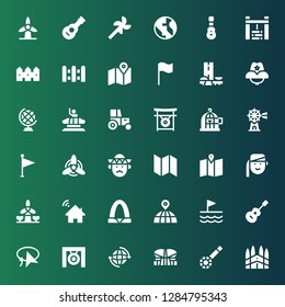 country icon set. Collection of 36 filled country icons included Barcelona, Banjo, Indonesia, Earth, Gong, Lasso, Guitar, Flag, Earth globe, Gateway arch, House, Windmill, Armenian