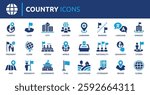 Country icon set. Containing flag, nation, citizen, land, world, government, landmark, borders and more. Solid vector icons collection.