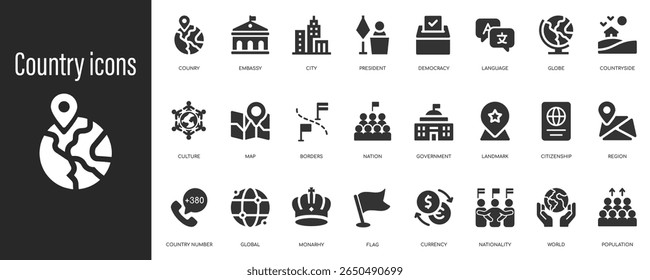 Conjunto de ícones de país. Contendo bandeira, nação, cidadão e ícone mundial