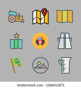 country icon set. vector set about tractor, landscape, map and highway icons set.