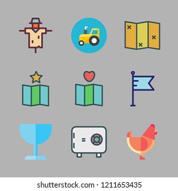 country icon set. vector set about map, safebox id, hen and flag icons set.