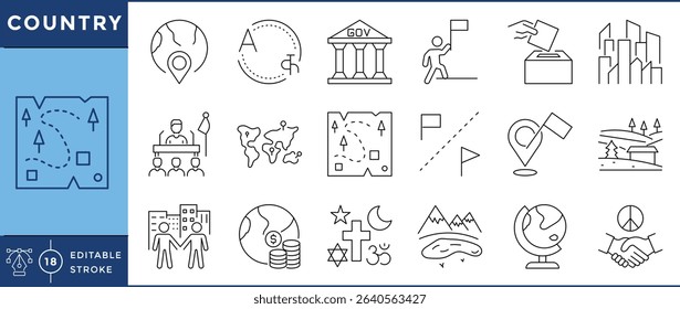 Country icons Pack. 18 line icons. Vector editable stroke. Country, geography, culture, religion, government, languages.