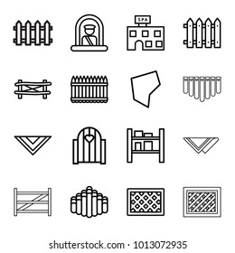 Country icons. set of 16 editable outline country icons such as fence, airport officer, spa building, cravat, gate, cargo barn, harmonica