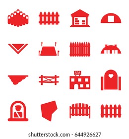 Country icons set. set of 16 country filled icons such as fence, airport officer, spa building, cravat, cargo barn, harmonica, land territory, barn