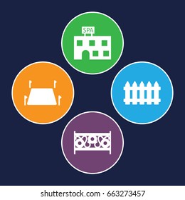Country icons set. set of 4 country filled icons such as fence, spa building