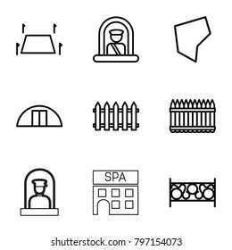 Country icons. set of 9 editable outline country icons such as airport officer, fence, cargo barn, land territory