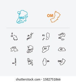 Country icons set. Bangladesh and country icons with macau, qatar and bhutan. Set of geographical for web app logo UI design.