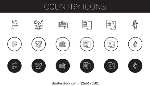 country icons set. Collection of country with flags, house, map, guitar. Editable and scalable country icons.