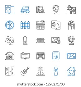 country icons set. Collection of country with house, egypt, windmill, guitar, map, fence, barn, earth globe, earth, globe, tractor. Editable and scalable country icons.