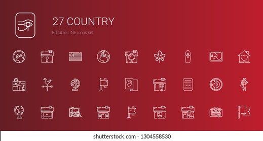 country icons set. Collection of country with house, flags, map, globe, egypt, weathercock, maple leaf, flag, guitar, earth, greece. Editable and scalable country icons.