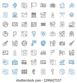 country icons set. Collection of country with map, earth globe, egypt, guitar, fence, house, flag, tractor, globe, earth, flags, barn, maple leaf. Editable and scalable country icons.