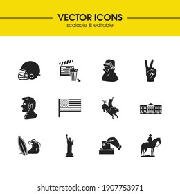 Country icons set with lincoln profile, white house and cowboy elements. Set of country icons and washington concept. Editable vector elements for logo app UI design.