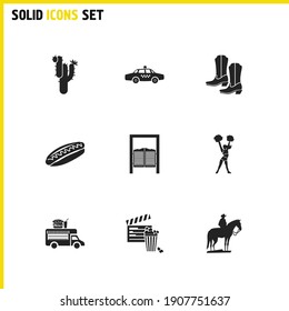 Country icons set with saloon door, cowboy boots and popcorn elements. Set of country icons and dancer concept. Editable vector elements for logo app UI design.