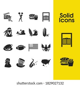 Country icons set with surfing, usa great seal and fast food elements. Set of country icons and tavern concept. Editable vector elements for logo app UI design.