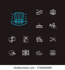 Country icons set. White house and country icons with uncle sam hat, hot dog and american football helmet. Set of landmark for web app logo UI design.
