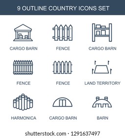 country icons. Trendy 9 country icons. Contain icons such as cargo barn, fence, land territory, harmonica, barn. country icon for web and mobile.