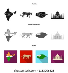 Country India black, flat, monochrome icons in set collection for design.India and landmark vector symbol stock web illustration.