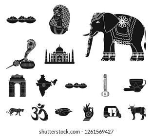 Country India black icons in set collection for design.India and landmark vector symbol stock web illustration.