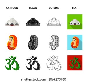 Country India cartoon,black,outline,flat icons in set collection for design.India and landmark vector symbol stock web illustration.