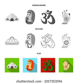 Country India flat,outline,monochrome icons in set collection for design.India and landmark vector symbol stock web illustration.