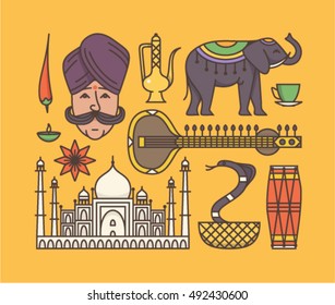 Country India, indian culture, vector outline illustration, icon set: pepper, elephant, man, candle, sitar, tea, lotus flower, palace Taj Mahal, cobra, drum