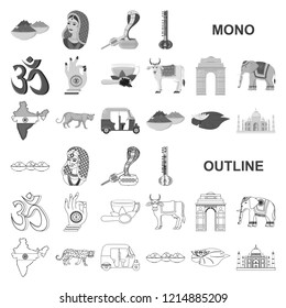 Country India monochrom icons in set collection for design.India and landmark vector symbol stock web illustration.