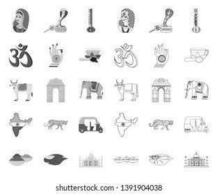 Country India mono,outline icons in set collection for design.India and landmark vector symbol stock web illustration.
