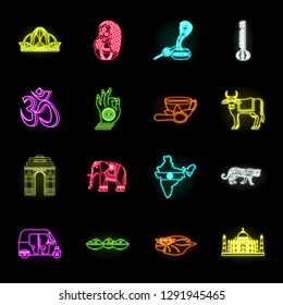 Country India neon icons in set collection for design.India and landmark vector symbol stock web illustration.