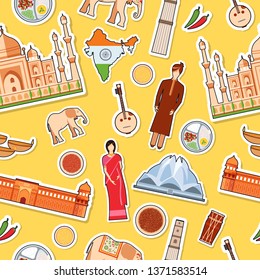 Country India travel vacation guide of goods, place and feature. Set of architecture, fashion, people, item, background concept. Seamless pattern traditional ethnic flat, sticker icon