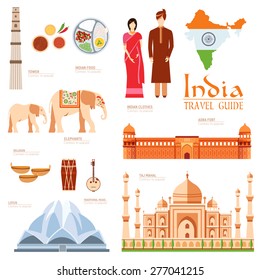 Country India travel vacation guide of goods, places and features. Set of architecture, fashion, people, items, nature background concept. Infographics template design for web and mobile on flat style