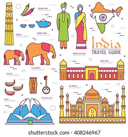 Country India travel vacation guide of goods, place and feature. Set of architecture, fashion, people, item, nature background concept. Infographic traditional ethnic flat, outline, thin line icon