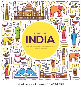 Country India travel vacation guide of goods, place and feature. Set of architecture, fashion, people, item, background concept. Infographic traditional ethnic flat, outline, thin line icon