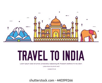 Country India travel vacation of place and feature. Set of architecture, item, nature background concept. Infographic traditional ethnic flat, outline, thin line icon