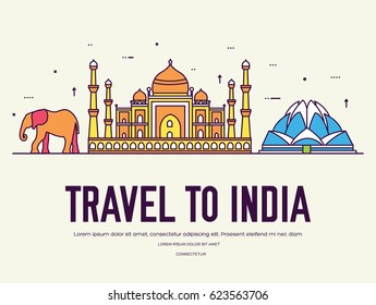 Country India travel vacation of place and feature. Set of architecture, item, nature background concept. Infographic traditional ethnic flat, outline, thin line icon