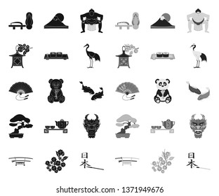 Country Japan black.mono icons in set collection for design.Japan and landmark vector symbol stock web illustration.