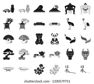 Country Japan black,monochrome icons in set collection for design.Japan and landmark vector symbol stock web illustration.