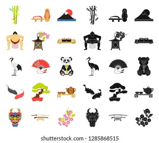 Country Japan cartoon,black icons in set collection for design.Japan and landmark vector symbol stock web illustration.