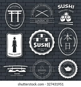 Country Japan label template of emblem element for your product or design, web and mobile applications with text. Vector illustration with thin lines isolated icons on stamp symbol