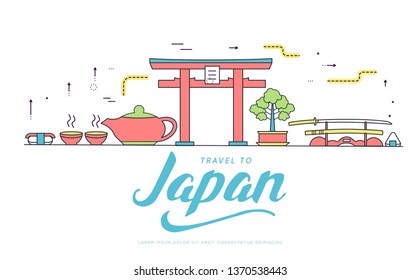 Country Japan travel vacation guide of goods, places and features. Set of architecture, fashion, people, items, nature background concept.  template design for web and mobile on thin line style