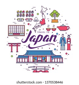 Country Japan travel vacation guide of goods, places and features. Set of architecture, fashion, people, items, nature background concept.  Circle template design for web and mobile on thin line style