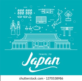 Country Japan travel vacation guide of goods, places and features. Set of architecture, fashion, people, items, nature background concept.  template design for web and mobile on thin line style