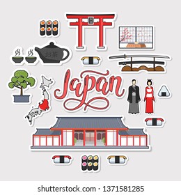 Country Japan travel vacation guide of goods, places and features. Set of architecture, fashion, people, items, nature background concept.  Circle template design for web and mobile on sticker flat 