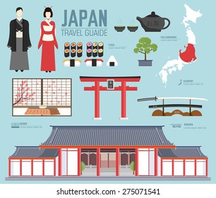 Country Japan travel vacation guide of goods, places and features. Set of architecture, fashion, people, items, nature background concept.  Infographic template design for web and mobile on flat style