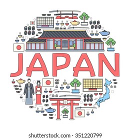 Country Japan travel vacation guide of goods, places and features. Set of architecture, fashion, people, items, nature background concept. Infographic template design for web and mobile on thin lines